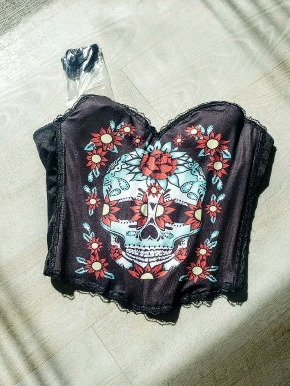 Women’s Black Floral Sugar Skull Bustier Top